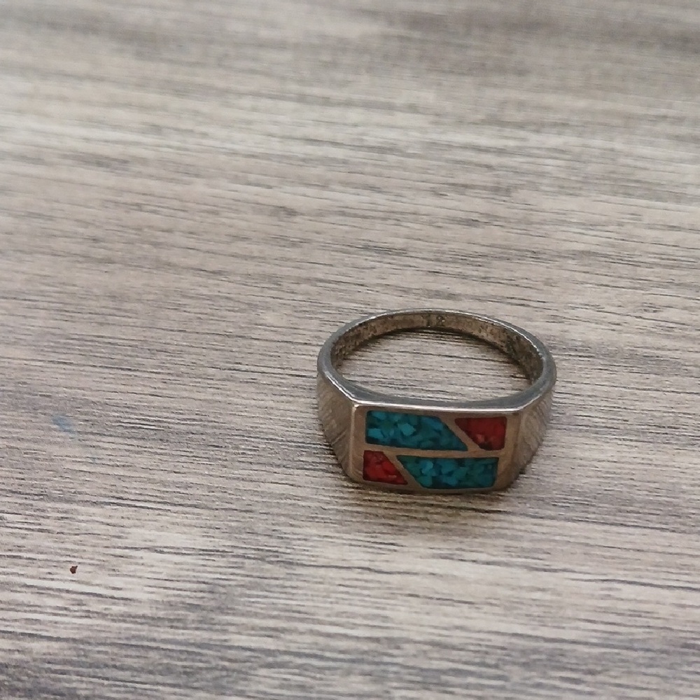 Silver Ring with Red and Turquoise Inlay